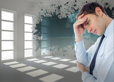 Businessman with a headache against splash showing technology interface