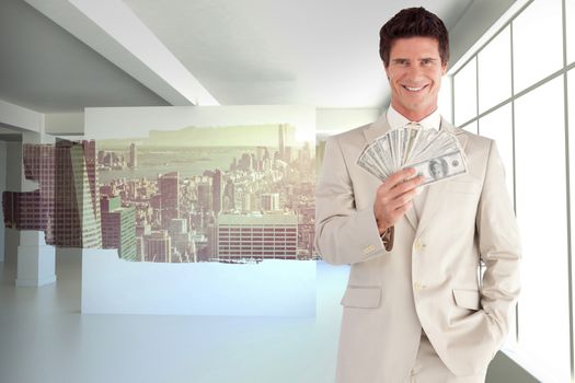 Positive businessman looking at the camera against abstract screen in room showing cityscape