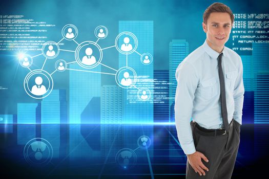 Happy businessman standing with hand in pocket against futuristic technology interface