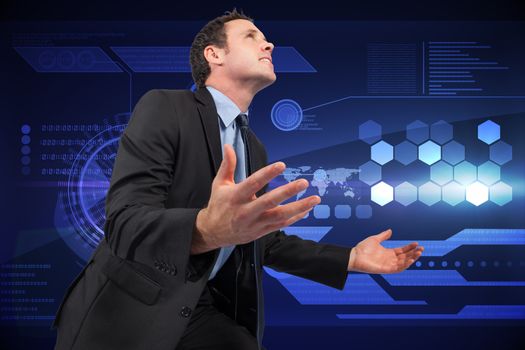 Businessman posing with arms out against futuristic technology interface
