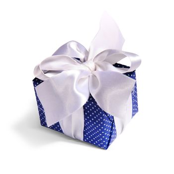 blue gift packing tied by ribbon, isolated on white with path