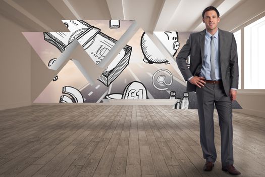Smiling businessman with hand on hip against profit graphic on abstract screen in room