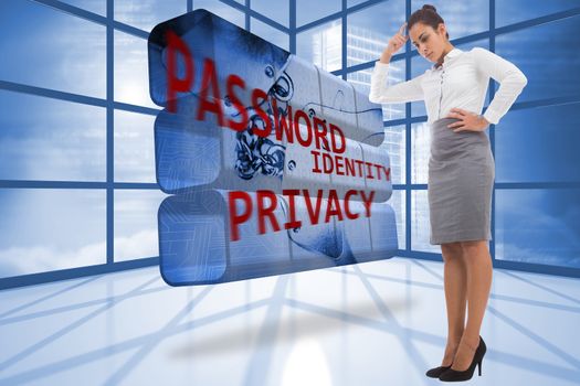 Focused businesswoman against privacy graphic on abstract screen in room