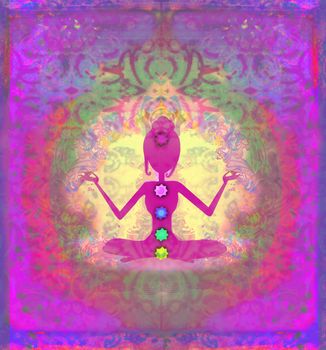 Yoga lotus pose. Padmasana with colored chakra points.