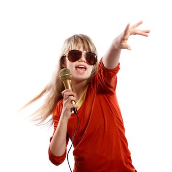 Teenager girl singing on a white background