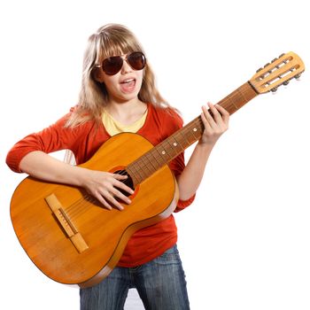 girl with a guitar singing on a white background