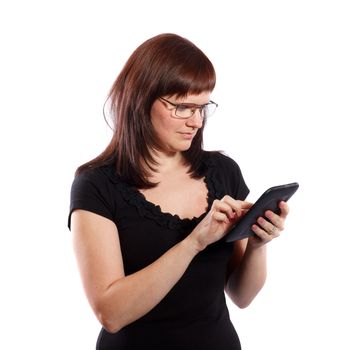 woman with glasses working with the touch screen computer on a white background