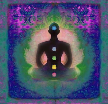 Yoga lotus pose. Padmasana with colored chakra points.
