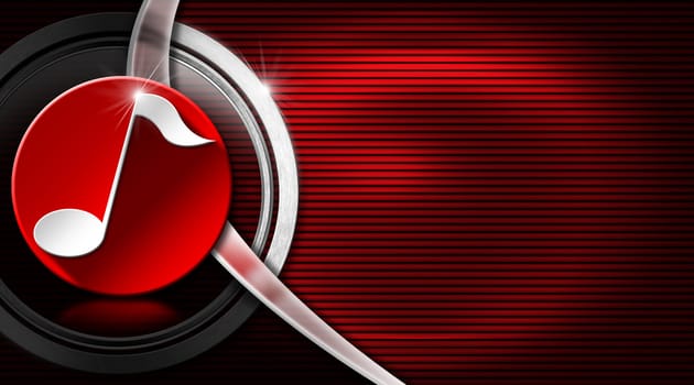 Red and black corrugated background with white musical note, metal and red circle and curve - business card music