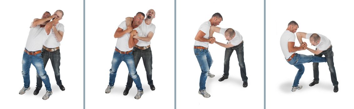 Man choking other man, isolated on white