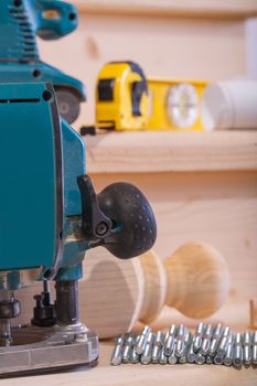 close up view on woodworking tools on wooden boards
