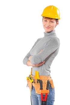 female worker wearing working clothes with tools isolated on white