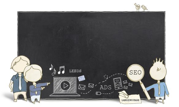 Web Experts with Blank Blackboard on White Background 