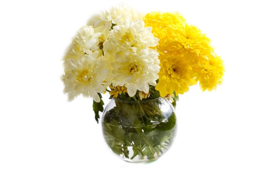 bouquet of bright flowers in glass vase, isolated on white