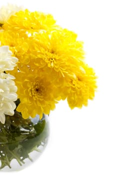 bouquet of bright flowers in glass vase, isolated on white