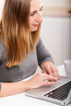 Happy girl in grey working on a laptop and looking at camera with smile