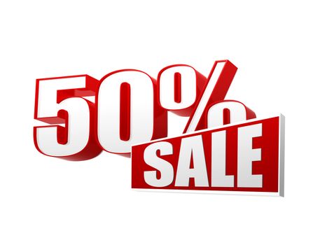 50 percentages sale text - 3d red and white letters and block, business shopping concept