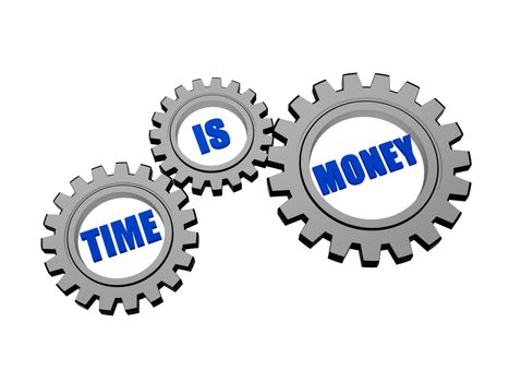 time is money with clock - words in 3d silver grey metal gear wheels, business concept words