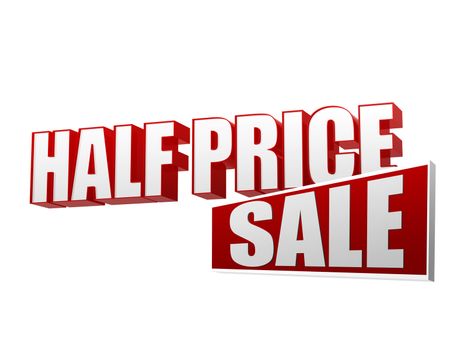 half price sale text - 3d red and white letters and block, business shopping concept