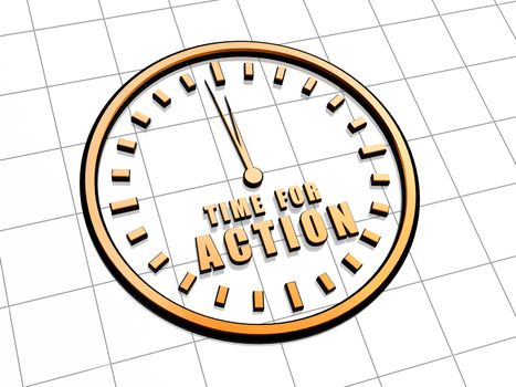 time for action with clock - 3d golden metal text and sign, business motivation concept