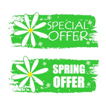 special and spring offer banners - text in green drawn labels with white daisy flowers, business shopping seasonal concept