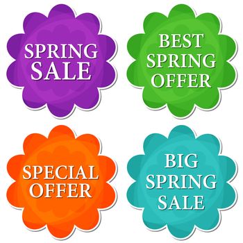 spring sale and offer banners - text in four colors flowers labels, business shopping seasonal concept, flat design