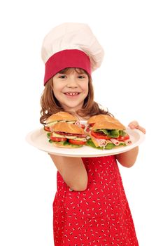 happy little girl cook with sandwiches