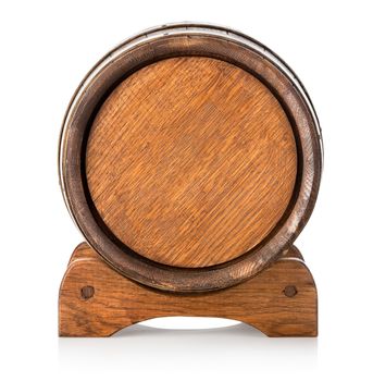 Front view of a wooden barrel on stand