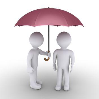 3d person is offering his umbrella to another one