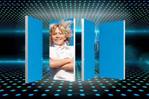Blonde boy on abstract screen against doorway on technological glowing background