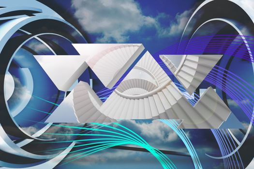 Winding staircase on abstract screen against abstract blue and purple line design