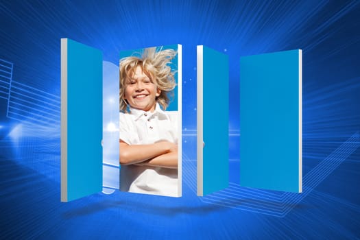 Blonde boy on abstract screen against shiny light bulb on blue background