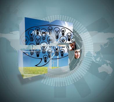 Light bulbs in speech bubble on abstract screen against holographic earth with pictures