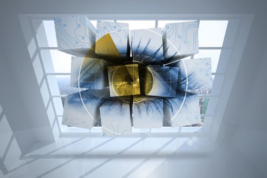 Eye on abstract screen against room with large window showing city