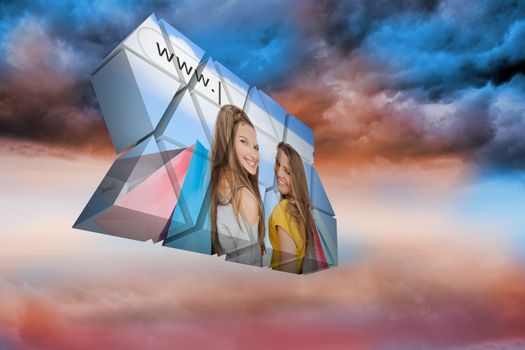 Girls shopping on abstract screen against blue orange cloudy sky background