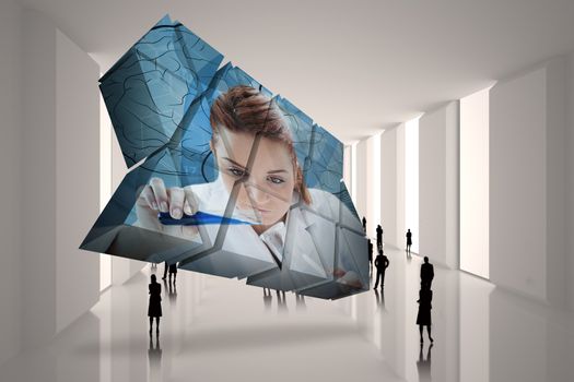 Scientist on abstract screen against tiny figures in white hall