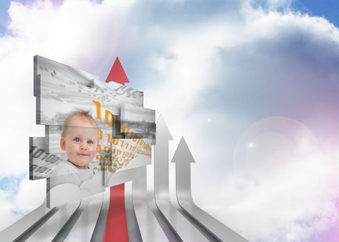 Genius baby on abstract screen against red and grey curved arrows pointing up against sky
