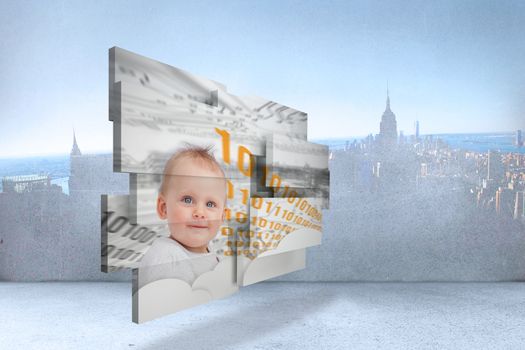 Genius baby on abstract screen against city scene in a room