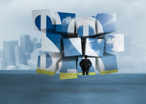 Businessman and dollar signs on abstract screen against cityscape in the fog