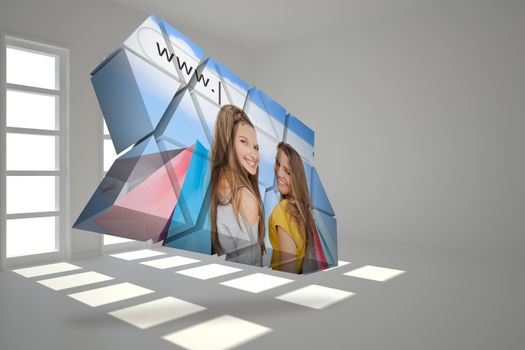 Composite image of girls shopping on abstract screen against dark white room