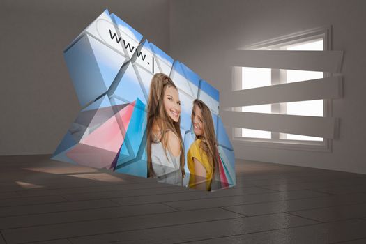 Girls shopping on abstract screen against digitally generated room with bordered up window
