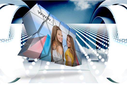 Girls shopping on abstract screen against abstract design in blue and white