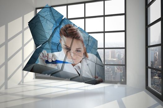 Scientist on abstract screen against room with large window showing city
