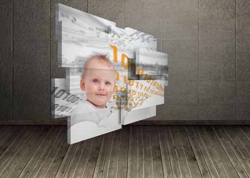 Genius baby on abstract screen against dark room with floorboards