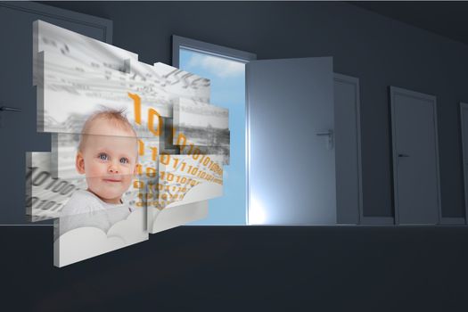 Genius baby on abstract screen against door opening in dark room to show sky 