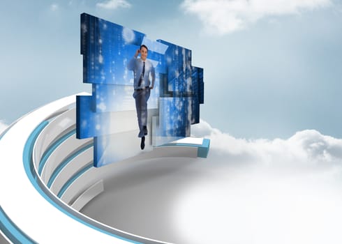 Businessman in data center on abstract screen against blue and white structure in the sky