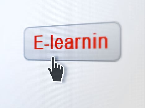 Education concept: pixelated words E-learning on button with Hand cursor on digital computer screen background, selected focus 3d render