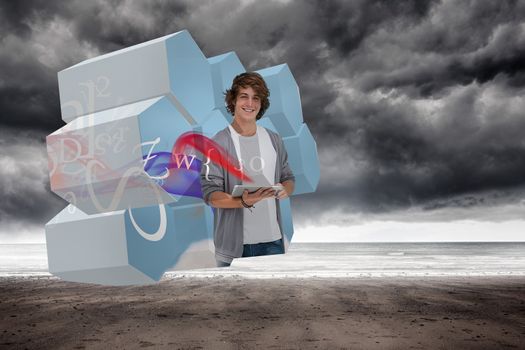 Student with tablet on abstract screen against stormy weather by the sea