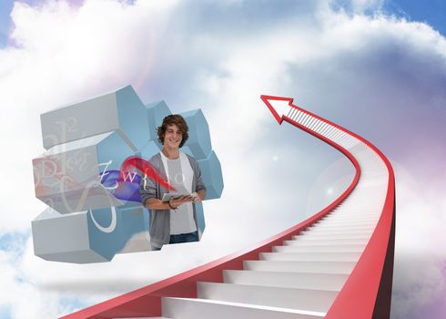 Student with tablet on abstract screen against red staircase arrow pointing up against sky