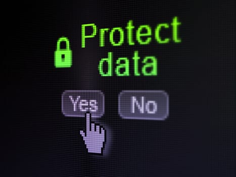 Security concept: buttons yes and no with pixelated Closed Padlock icon, word Protect Data and Hand cursor on digital computer screen, selected focus 3d render